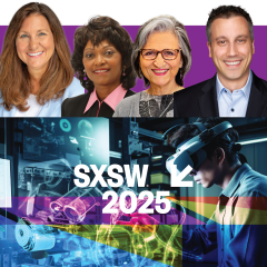 Graphic with headshots of Suzy Teele, Maria Curry-Nkansah, Kathie Leonard, and Jeff Winters from the SXSW panel